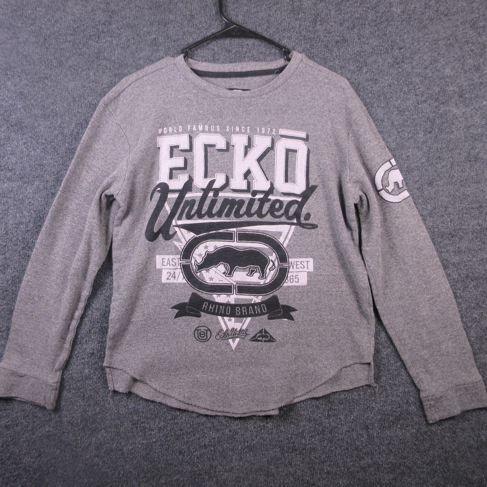 Ecko Unltd Shirt Mens Large Gray Long Sleeve Thermal Waffle Knit Rhino Graphic